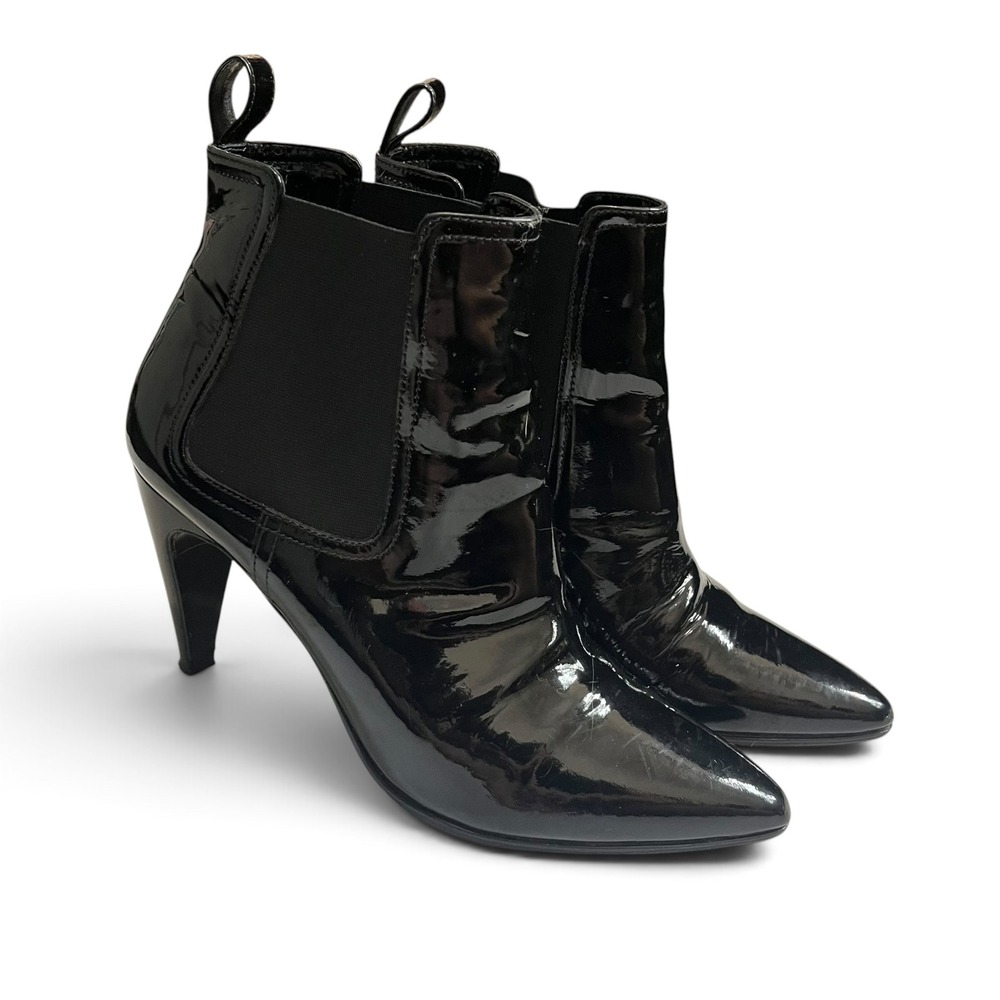 Robert Clergerie Black Patent Leather Pointed Toe Chelsea Bootie Heels Womens 39 - Picture 1 of 14